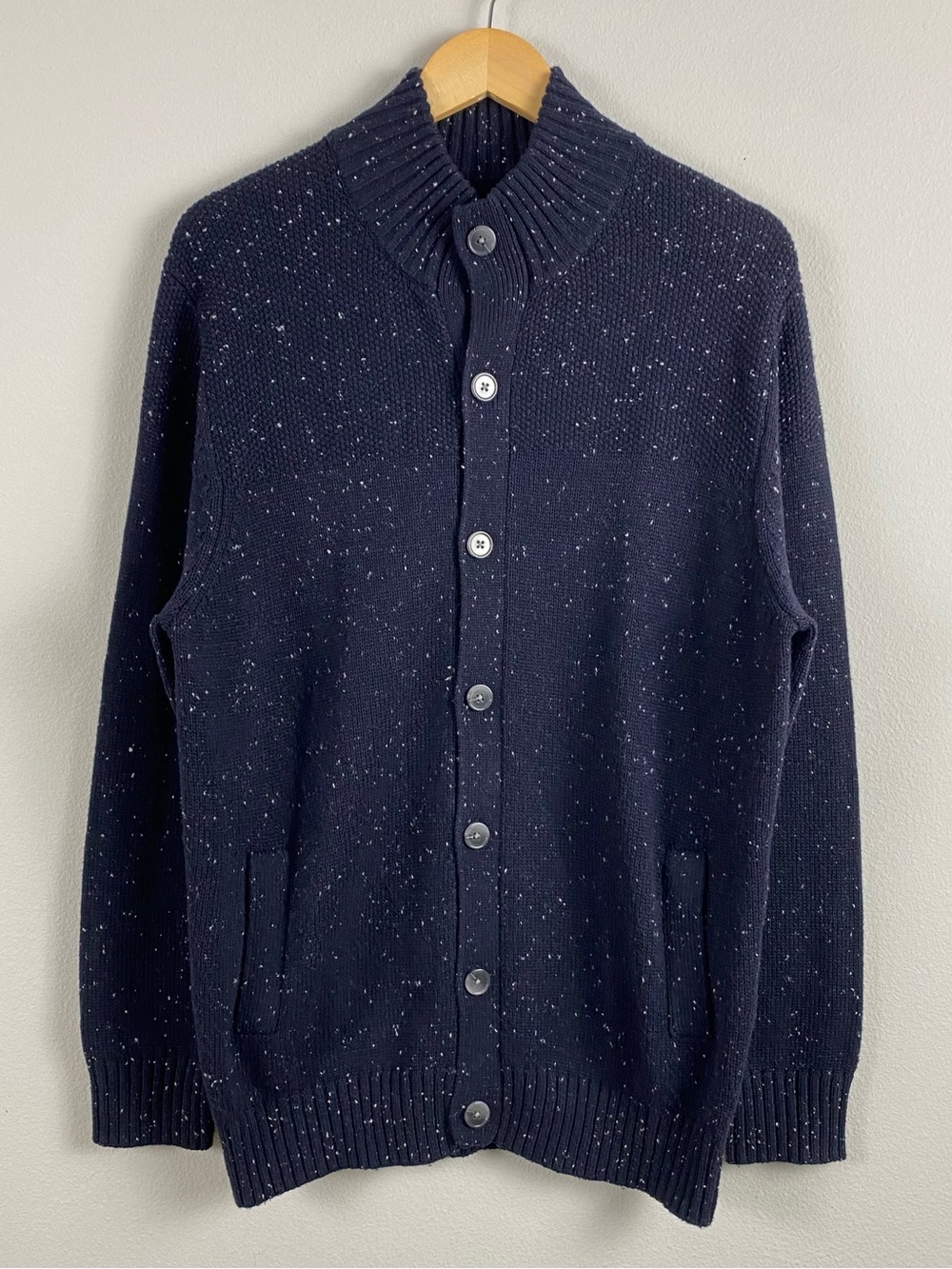 The Normal Brand Seawool Nep Mock Neck Long Sleeve Button Front Cardigan | Navy